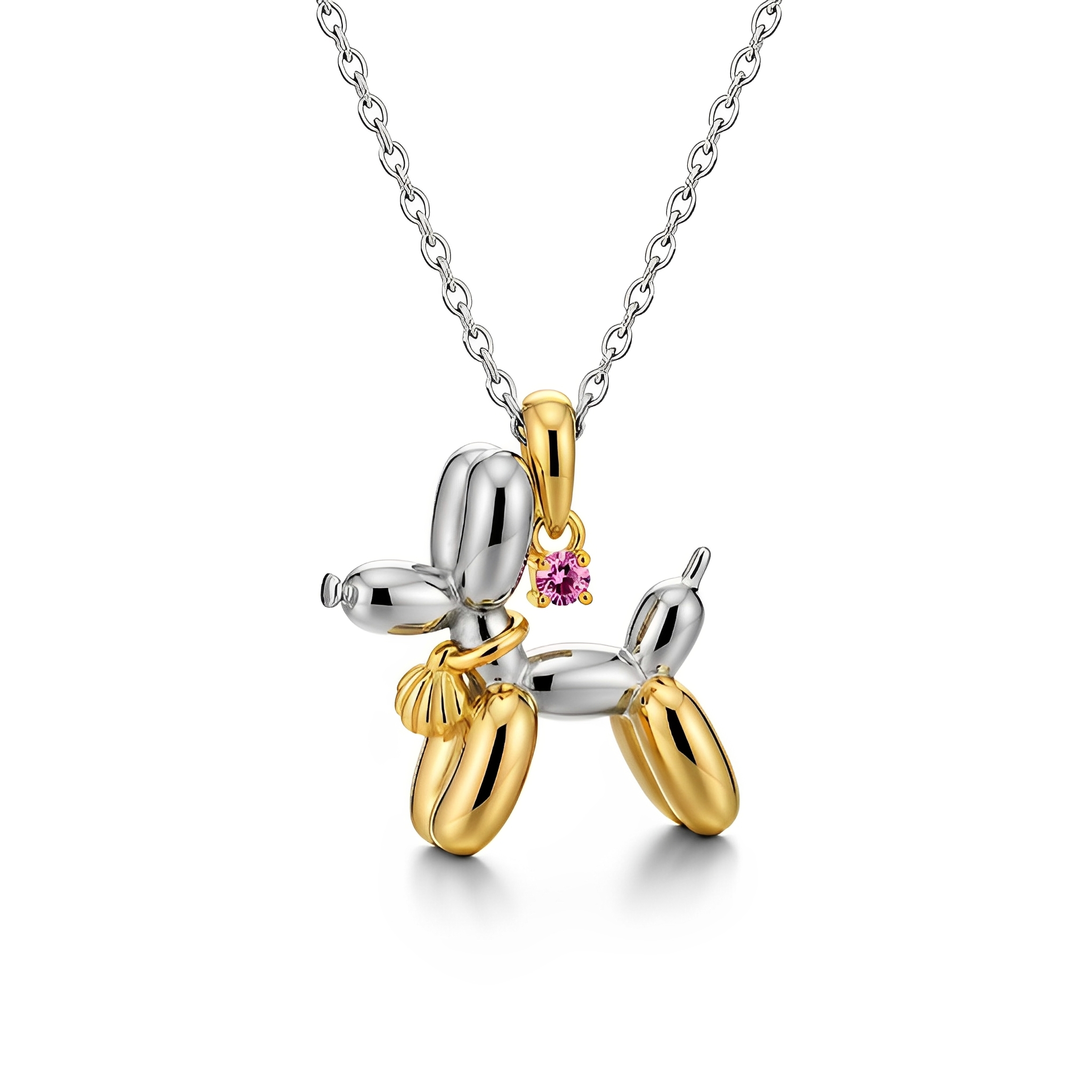 Stainless Steel Two-tone Balloon Dog Pendant Necklace WIth Pink Zircon Charm - Creative Fashion Jewelry for Women